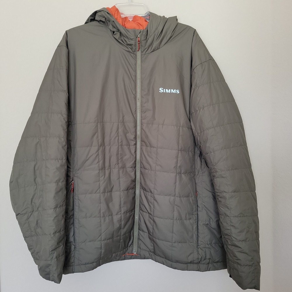 Simms Mens Jacket Size XXL Green Quilted Puffer Primaloft Hooded Fishing FLAWS